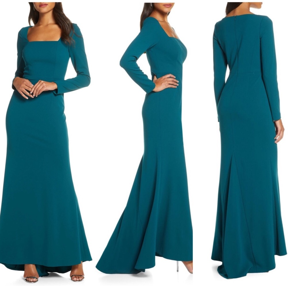 NWT Eliza J Teal Square Neck Long Sleeve Mermaid Gown 14